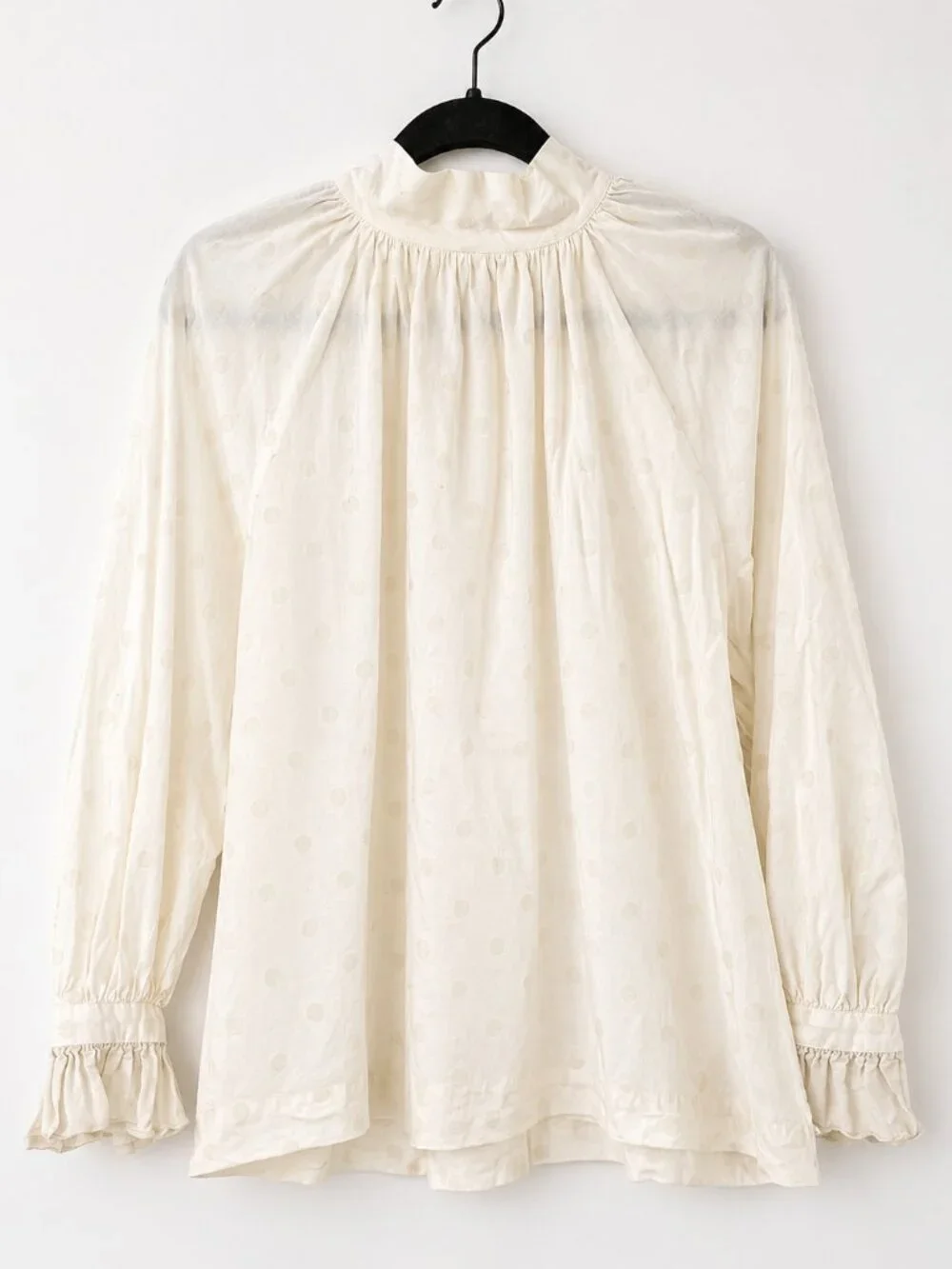 Magali Cotton Polka Dot Blouse High Neck Ruffle Sleeve Cream Japan - Picture 4 of 6